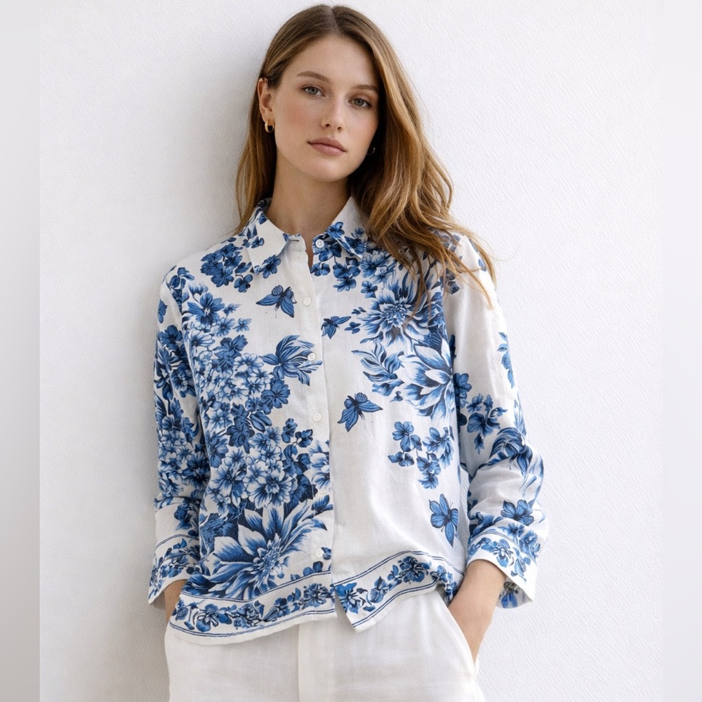 H&M 100% Linen EUC Blue Floral Butterfly Shirt XS Lightweight Top Sold Out